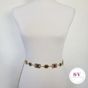 Gold chain belt with colorful gemstones